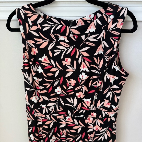 Talbots Sleeveless Floral Ruffle Hem Dress Back Zip Stretch Black Pink Sz 10P - Picture 2 of 10